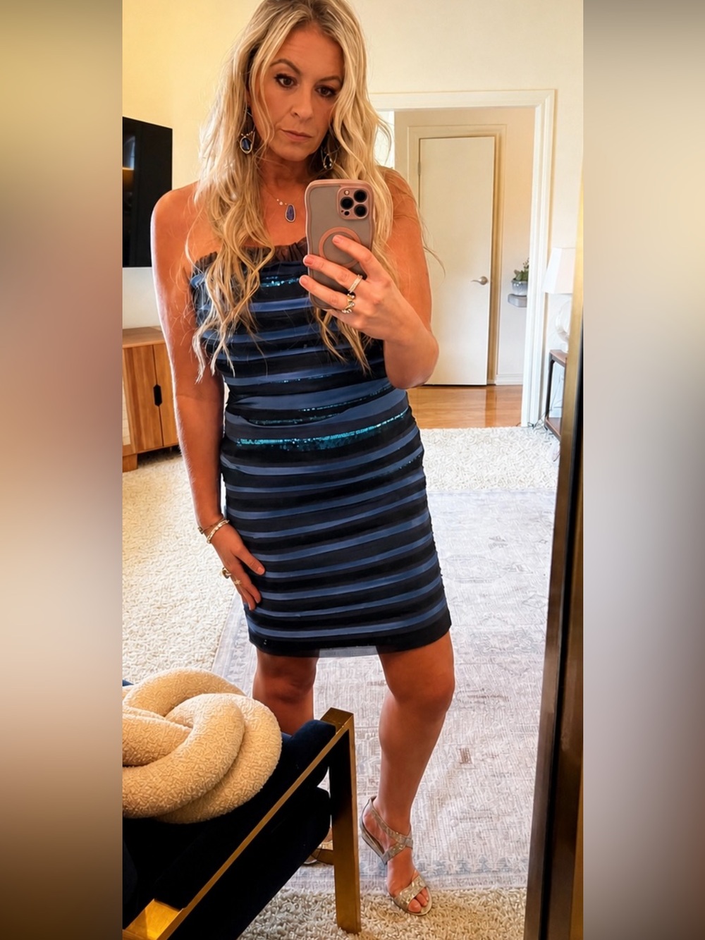 Neiman Marcus: Elegant Marc Bouwer Couture Striped Blue/Blue Silk Dress